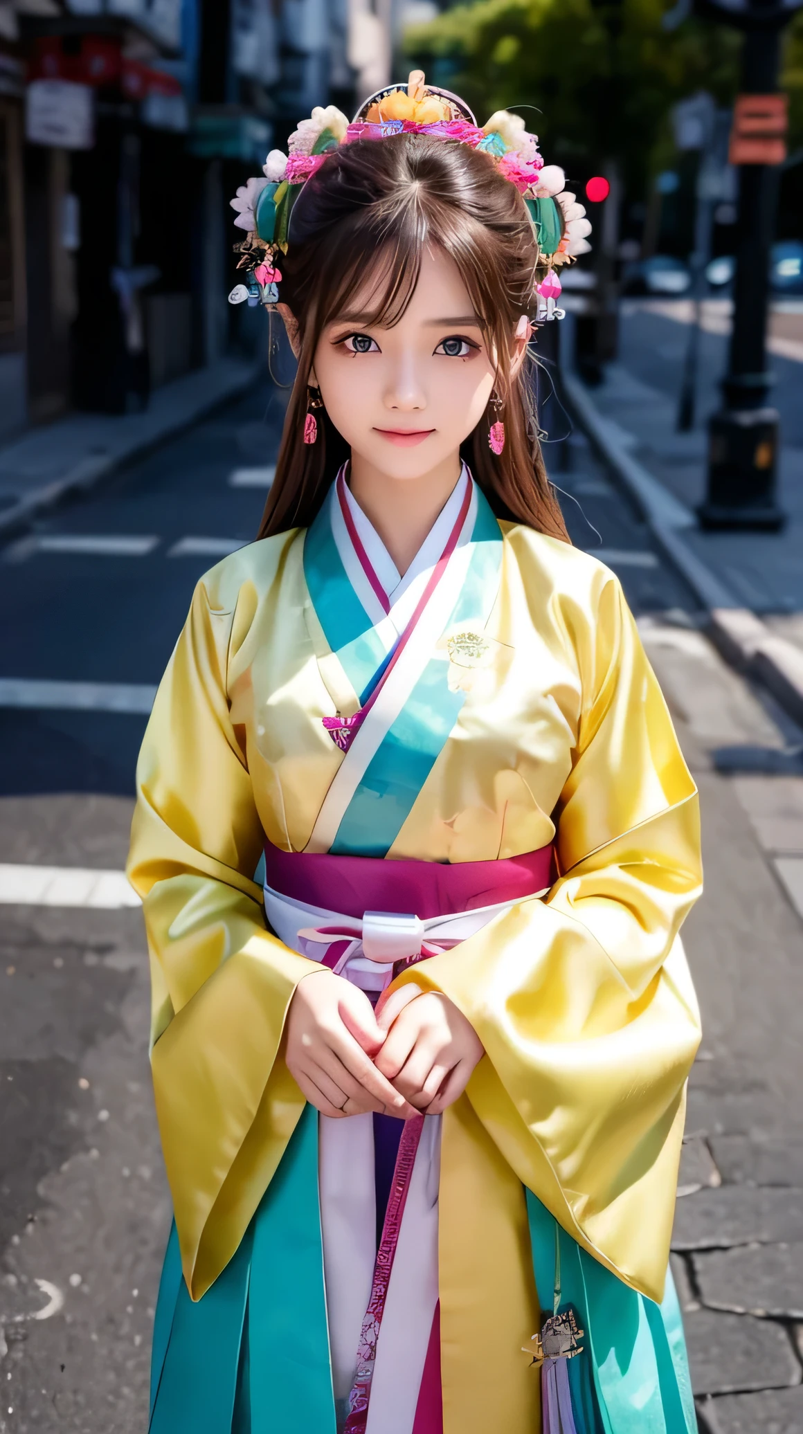 (Very beautiful  cute girl), (very  cute face:1.2),16 yo, (sparking crystal clear attractive large eyes), beautiful detailed eyes, Detailed double eyelids, (smiling), (realistic photograph:1.2), beautiful hanbok,Super shiny red yellow blue green pink purple colored hanbok,beautiful hanbok,costume traditionally worn by Korean women,Korea style,Brown hair, korean Chimajeogori, Costume lighting,in the street