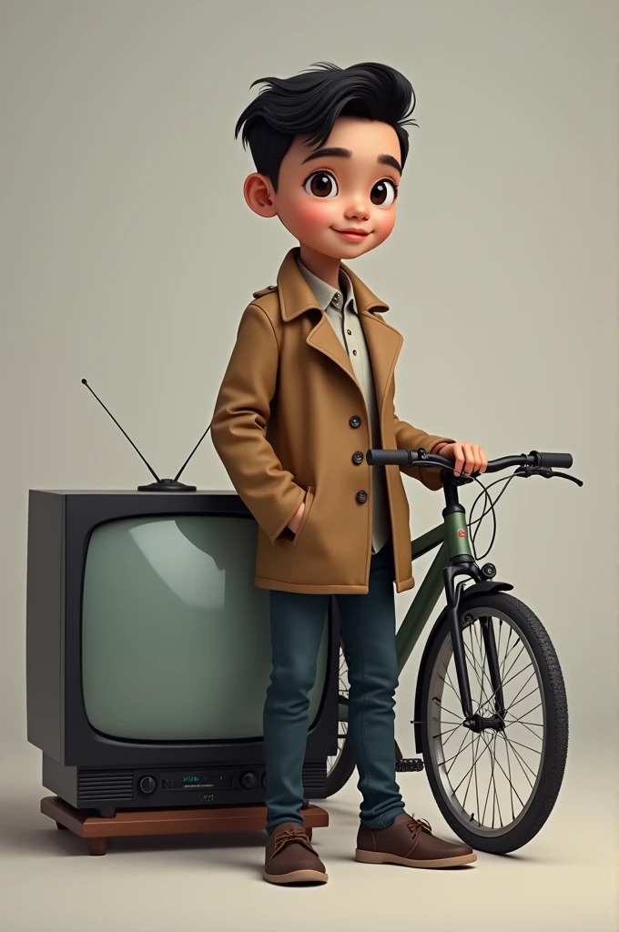 Nepali boy having light black hair The side-parted comb-over and eyes and light skin who looks realistic as possible and human wear a coat and stand with a Tvs bike