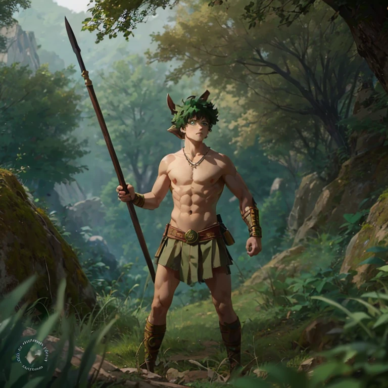 Izuku Midoriya, green fur, sinful, green eyes, greek warrior, shirtless, Greek mythology, son of zeus, forest, Hunter.
