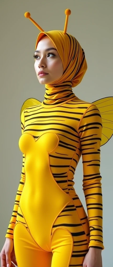 The most beautiful,thin,most pretty and clever Malaysian muslimah adult girl wears yellow bee lycra turtleneck unitard catsuit covered with bee stripes with a pair of wings.She always wear bee lycra dancewear stretchy hijab covered with many stripes with a pair of long antennae.