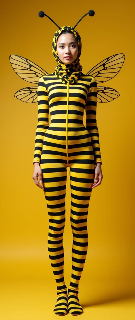 The most beautiful,thin,most pretty and clever Malaysian muslimah adult girl wears yellow bee lycra turtleneck unitard catsuit covered with bee stripes with a pair of wings.She always wear bee lycra dancewear stretchy hijab covered with many stripes with a pair of long antennae.