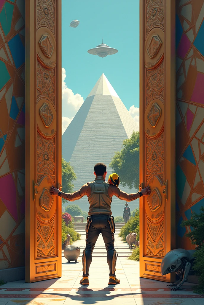 Un homme avec des vêtements futuristes pousse des deux mains des portes futuristes avec des figures géométriques de couleurs différentes sur la porte et devant lui une pyramide avec de l'herbe et des animaux ,le tout ressemblent à la peinture que j'ai publié et un robot et à côté devant une des portes et le personnage caucasien avec un Péroqué sur l'épaule et un aspect baroque est légèrement ajouté une soucoupe volante est ajouté et un extra terrestre petit gris.