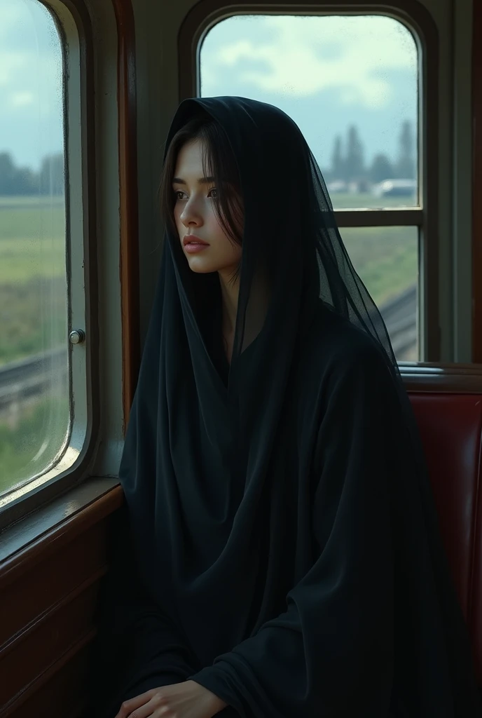 Animated woman in black veil looking out of a train window