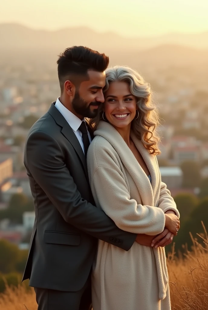 A beautiful youthful looking Hispanic version of a gray haired Selena Gomez as a 50 years old woman with long her completely gray hair in a big curls styles wearing a bathrobe standing on top of a hill overlooking a big city she is overlooking a city with a black haired younger 2 man who looks like Jimmy Donaldson/MrBeast wearing a business suit with short completely black hair he is hugging her