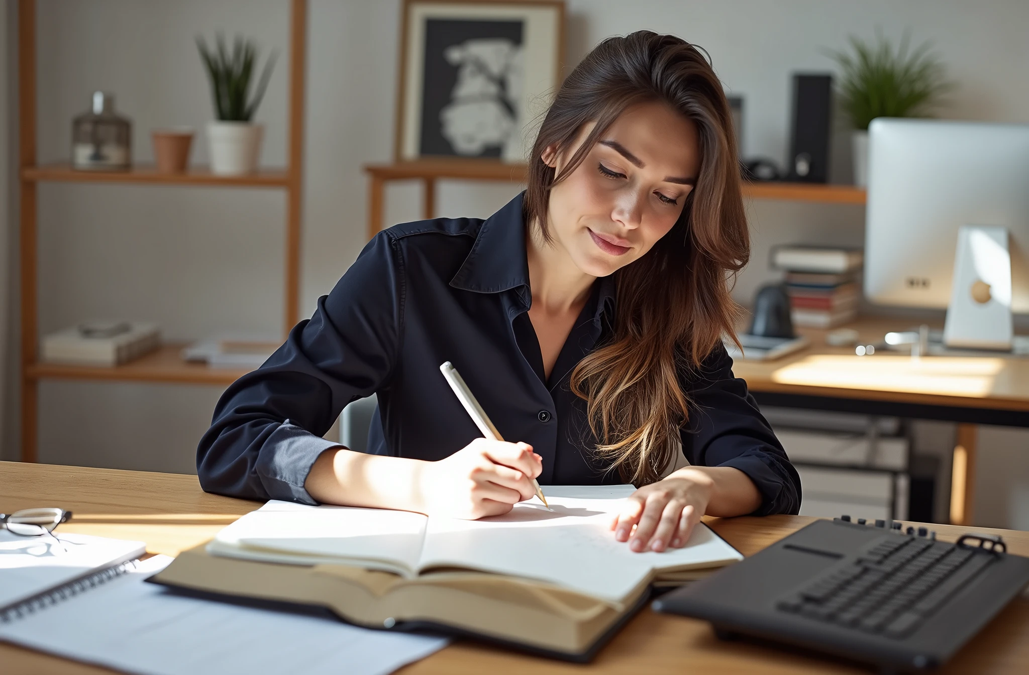An American female white-collar worker is writing a work diary in the office,8k HD resolution,Natural light and shadow