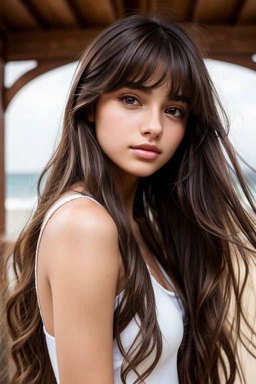 A beautiful 1 teenage girl who is a work of art of nature itself her hair falls in soft waves in bangs, Beautiful brown eyes , beautiful eyebrows, A strong but at the same time sweet femininity. that is very pretty