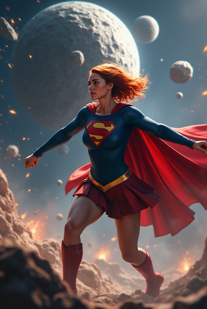 photo supergirl short red hair blue eyes very beautiful destroys a gigantic meteorite at full speed 