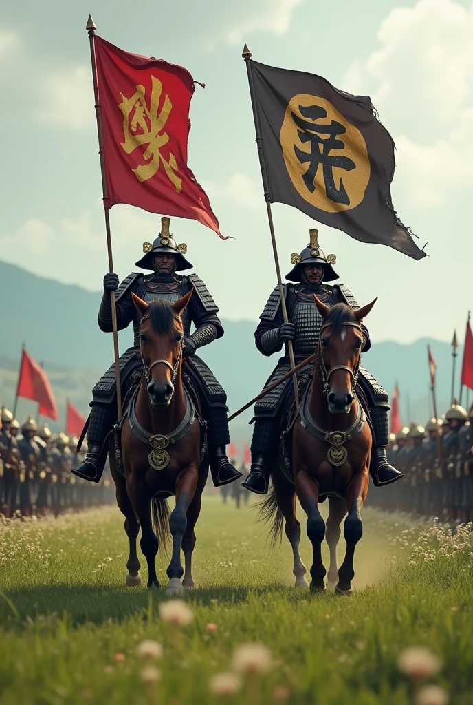 Two samurai leading armies about to fight in a field carrying different banners 