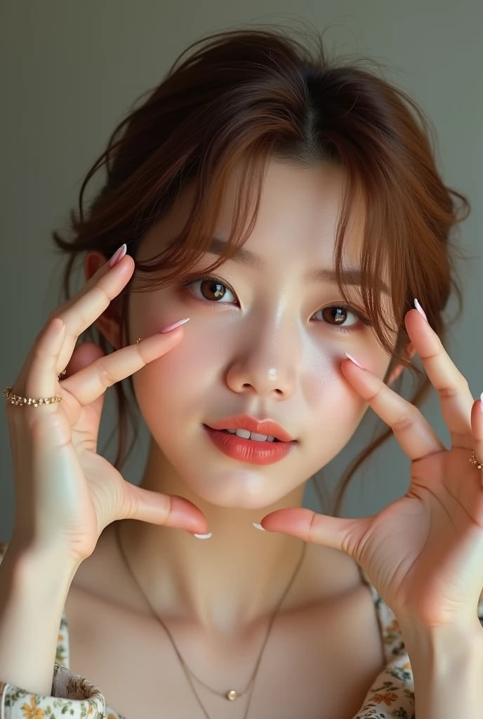 Generates selfie-style image of a 20-year-old South Korean man with slightly feminine features, brown hair, female clothing and making a pose with his hands