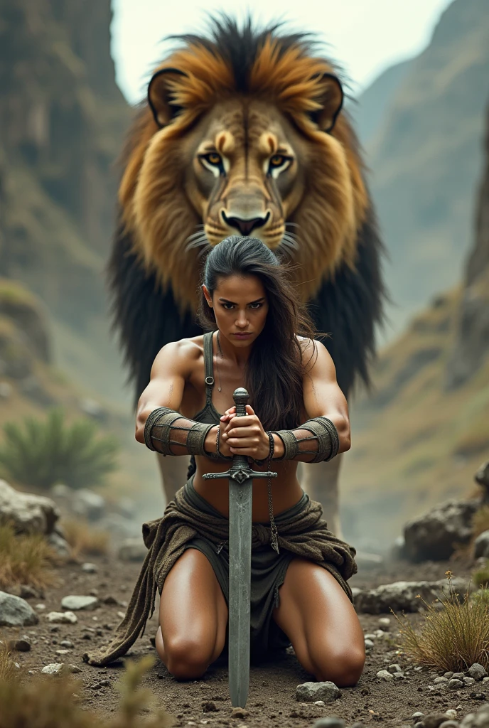 Woman on her knees with sword in hand, lion behind 