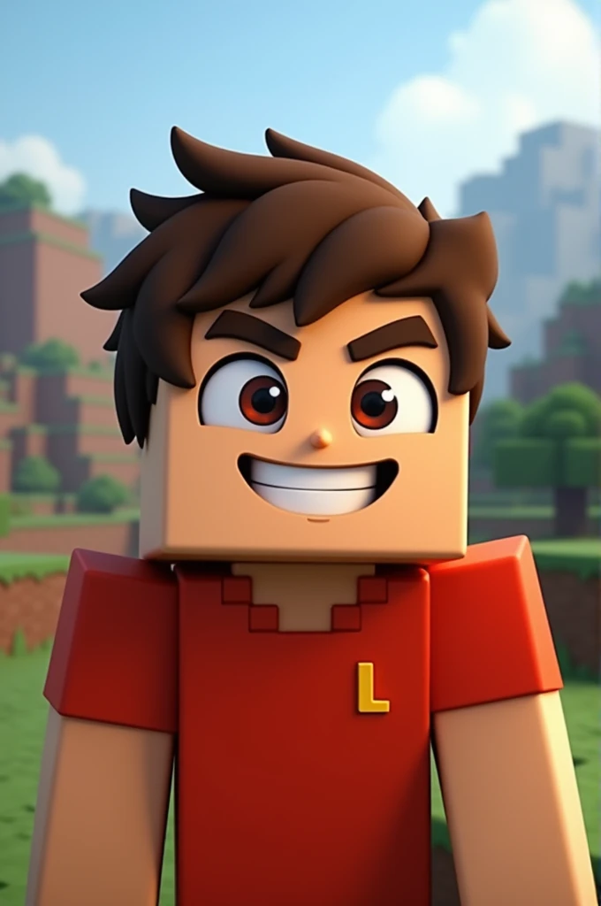 Minecraft character with a silly face,with a red shirt with a "L" small on his shirt