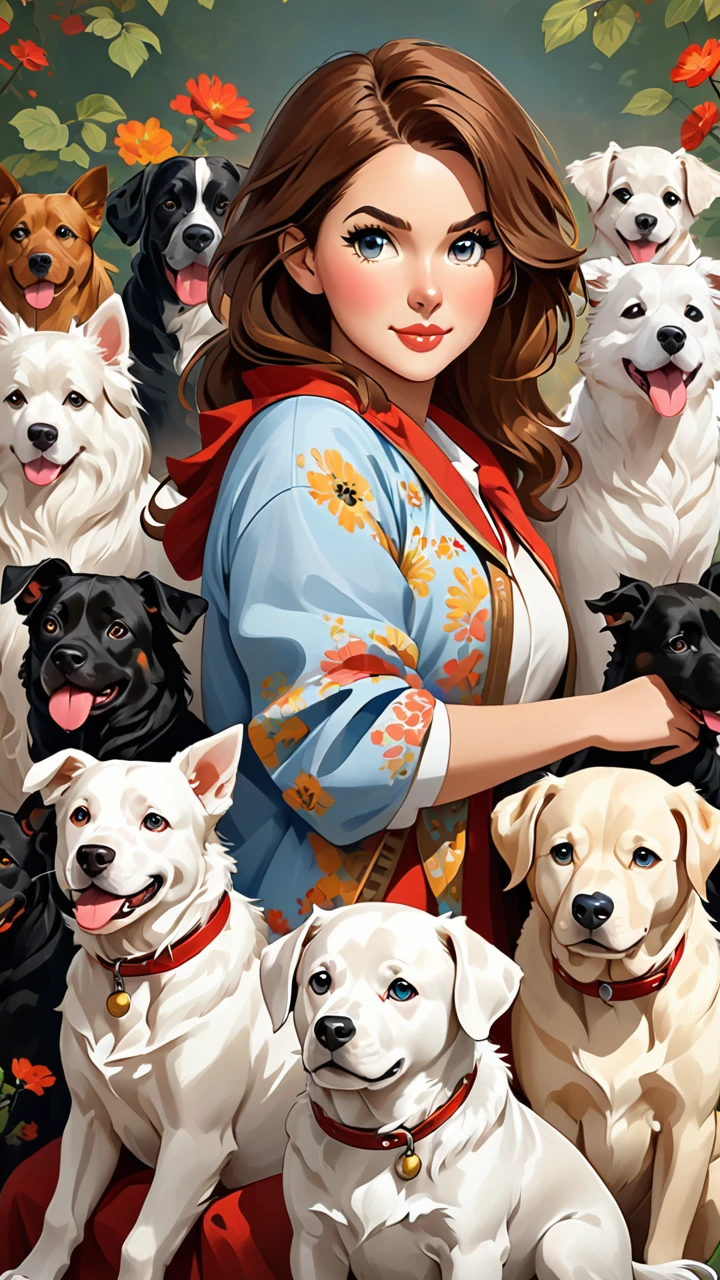 Swap the girl for the white dog adding more dogs of the same style of different breeds like Bull 