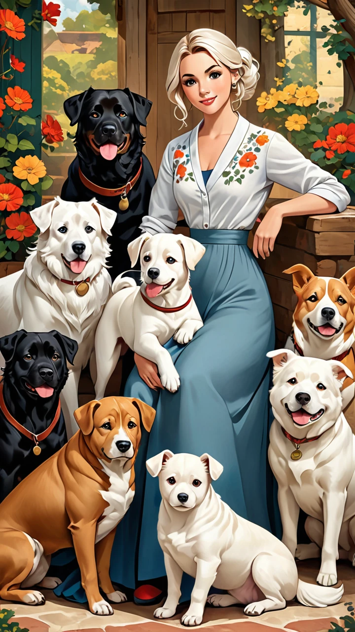 Swap the girl for the white dog adding more dogs of the same style of different breeds like Bull