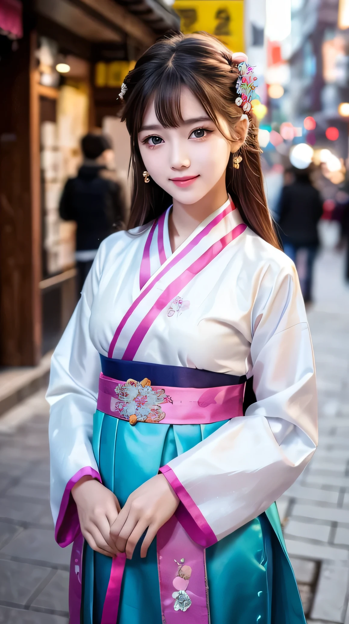 (Very beautiful  cute girl), (very  cute face:1.2),16 yo, (sparking crystal clear attractive large eyes), beautiful detailed eyes, Detailed double eyelids, (smiling), (realistic photograph:1.2), beautiful hanbok,Super shiny red yellow blue green pink purple colored hanbok,beautiful hanbok,costume traditionally worn by Korean women,Korea style,Brown hair, korean Chimajeogori, Costume lighting,in the street