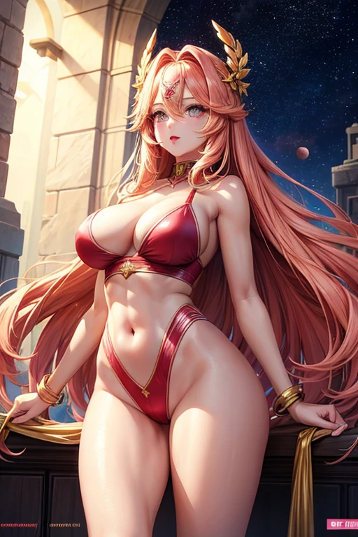 goddess bright eyes long golden hair red lips pink makeup athletic body slim waist big breasts big buttocks. playing with the planets