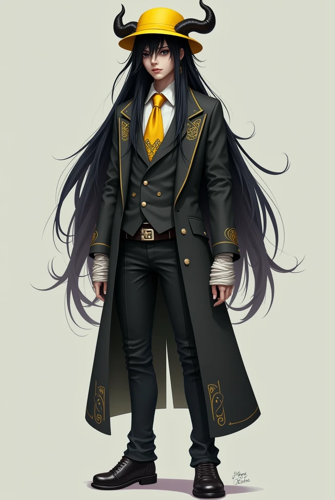 Black hair with a yellow hat and yellow horns black eyes with bandages on his hands wearing a fine suit to wear emo pants full body light skin