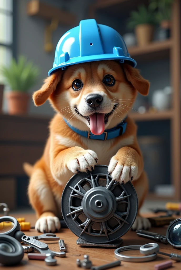 Dog with blue safety helmet dismantling a weg electric motor