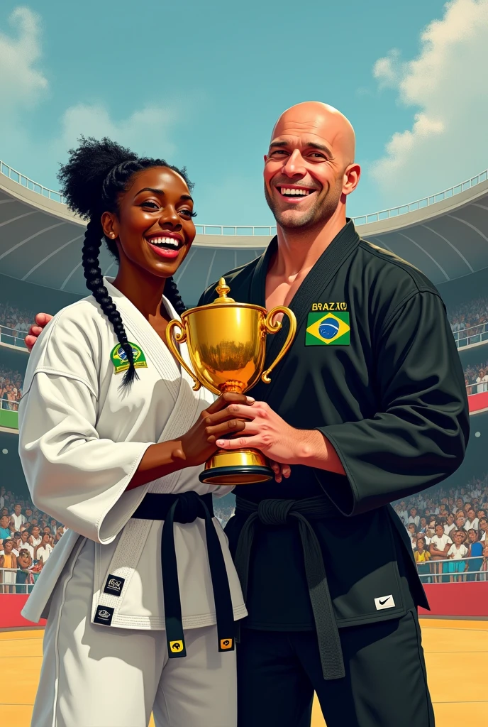 Create an image of a chubby black woman with two braids, a boxer who is wearing a white kimono with the symbol of Brazil and Nike and a black belt in a judo stadium, excited next to her bald white male coach with a black blouse and the symbol of Brazil and judo and Nike with black pants and happy and the two of them together holding the golden trophy and excited about the victory.