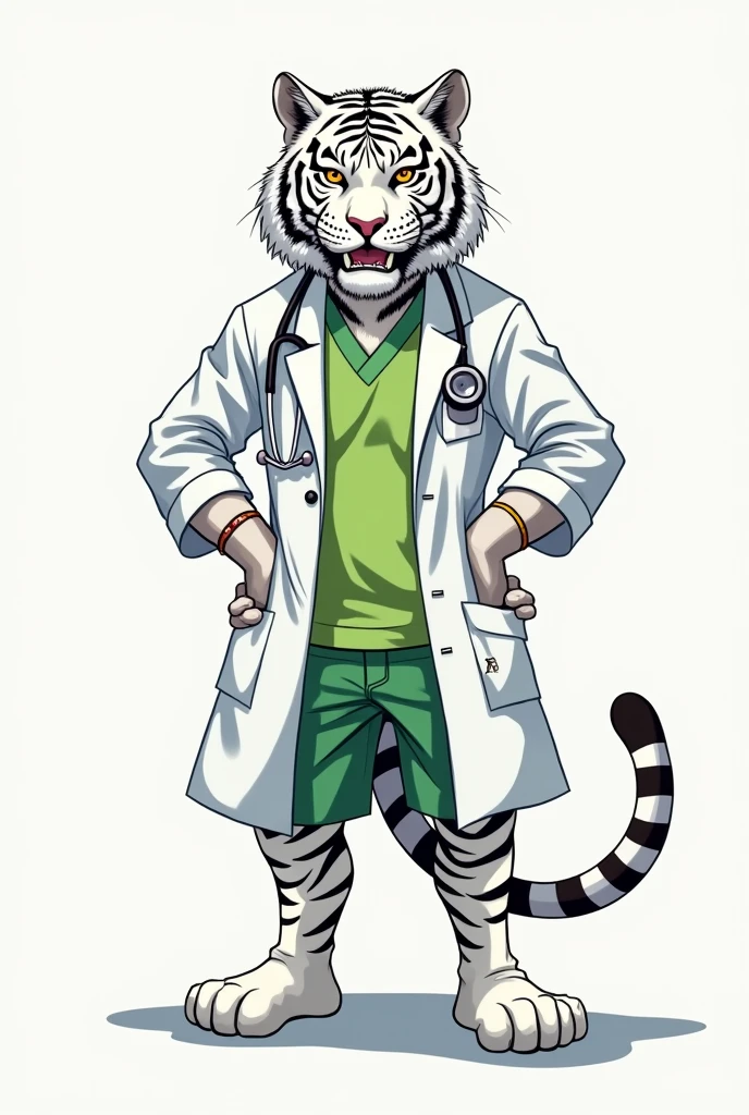 White tiger doctor with lime green shirt and white coat and stethoscope Could you make it anime style please, a little aggressive, not much, with a style more like an Olympics mascot You could make it thinner