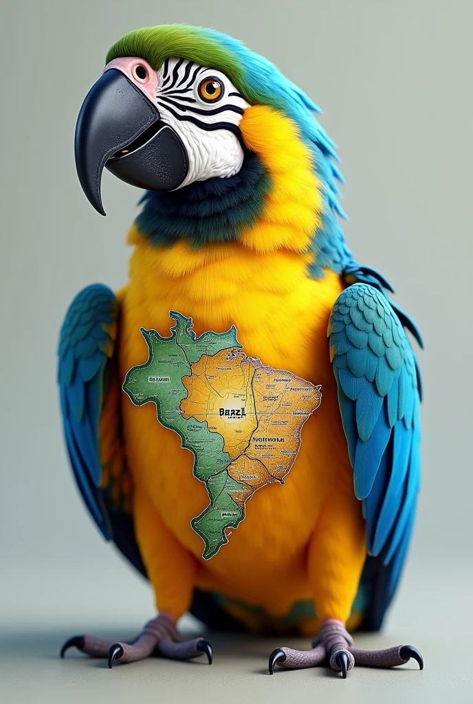 create a child's blue-and-yellow macaw for the public with a drawing of the map of Brazil on its body