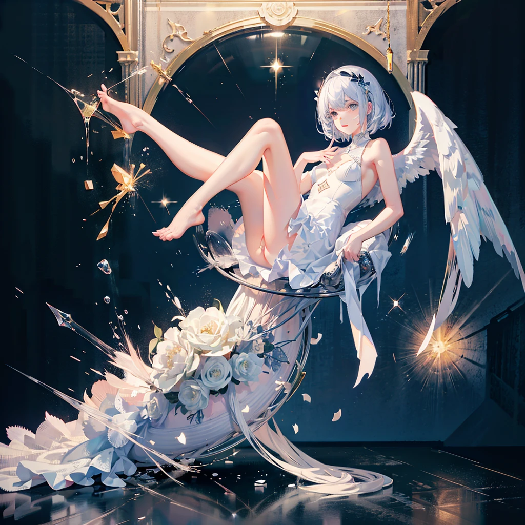 shattered glass falling, female in the midle, far pov, simple white background, full body, long white dress, fetal pose, angel wings