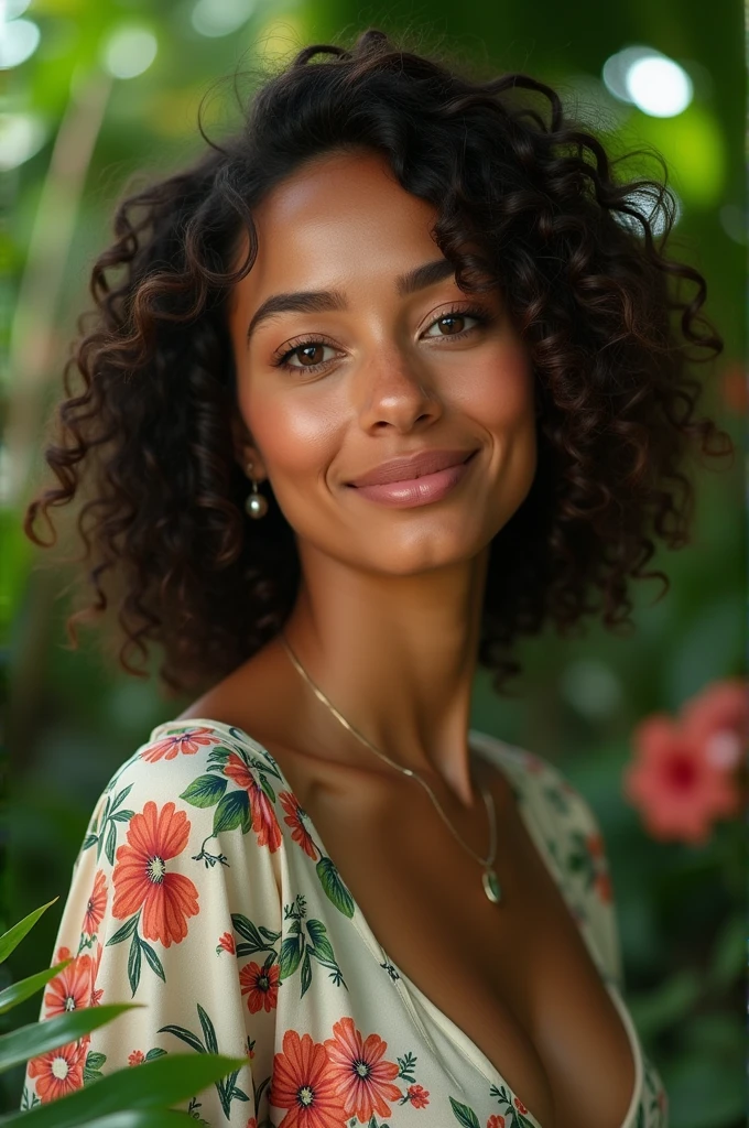 A Brazilian woman in a lush tropical garden, wearing an open shirt with a floral print, with a close-up capturing the harmonious beauty between her breasts and the natural flowers, showing off your natural charm and outgoing personality.
