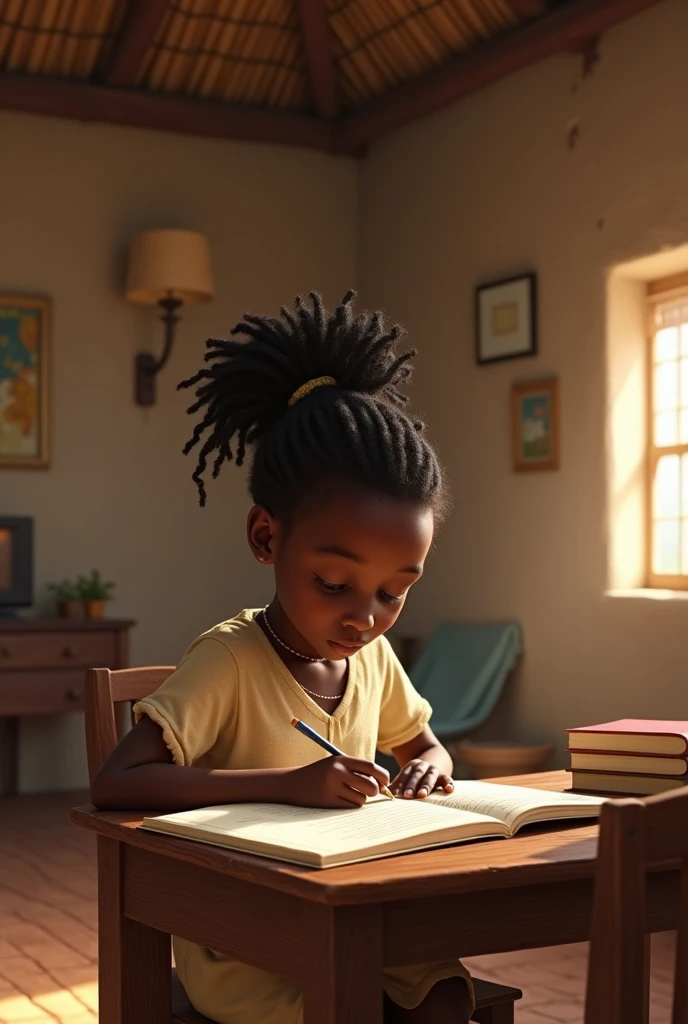 In a human form Generate an image of an African black skinny girl sitting at a desk studying in a village living room