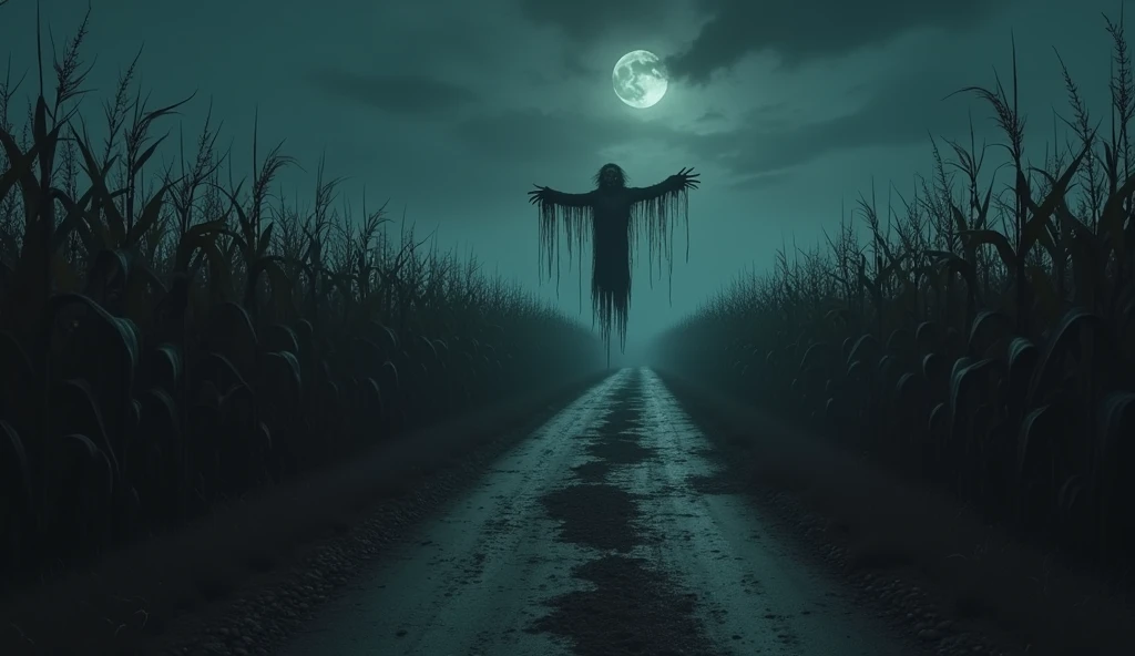 illustration of a dirt road in a cornfield, where mysterious and dark things happen,make a scary scarecrow in the background, it's completely dark because it's night, use dark and somber tones, make an image to convey fear, extremely detaild, photoshot_\( ultra\), photoshotrealisitic, realisitic, Post-processing, Maximum details, roughness, real-life, ultrarealisitic, photoshotrealism, photoshotgraphy, 8k hd, photoshotgraphy