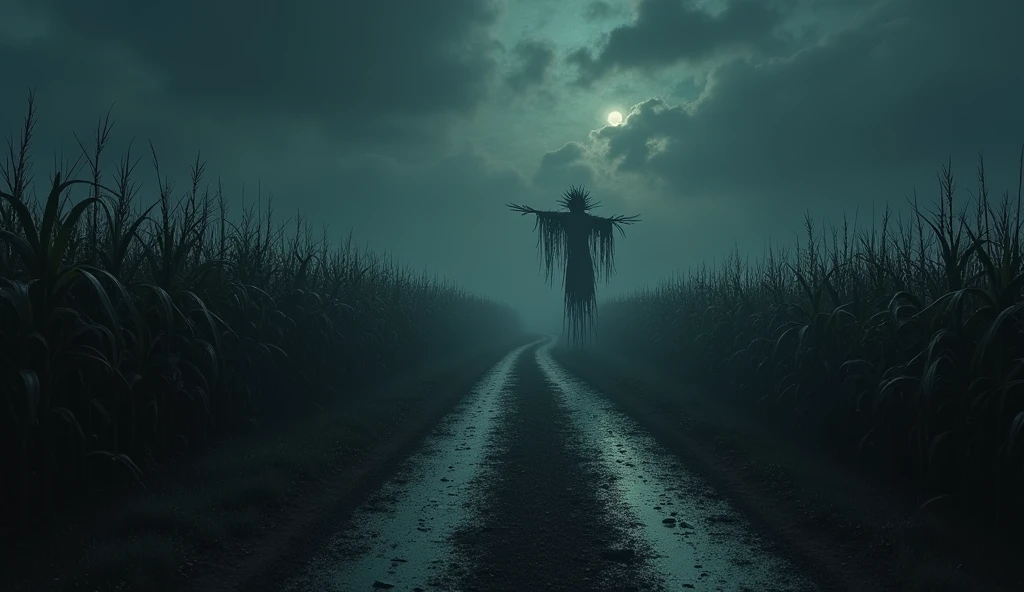 illustration of a dirt road in a cornfield, where mysterious and dark things happen,make a scary scarecrow in the background, it's completely dark because it's night, use dark and somber tones, make an image to convey fear, extremely detaild, photoshot_\( ultra\), photoshotrealisitic, realisitic, Post-processing, Maximum details, roughness, real-life, ultrarealisitic, photoshotrealism, photoshotgraphy, 8k hd, photoshotgraphy