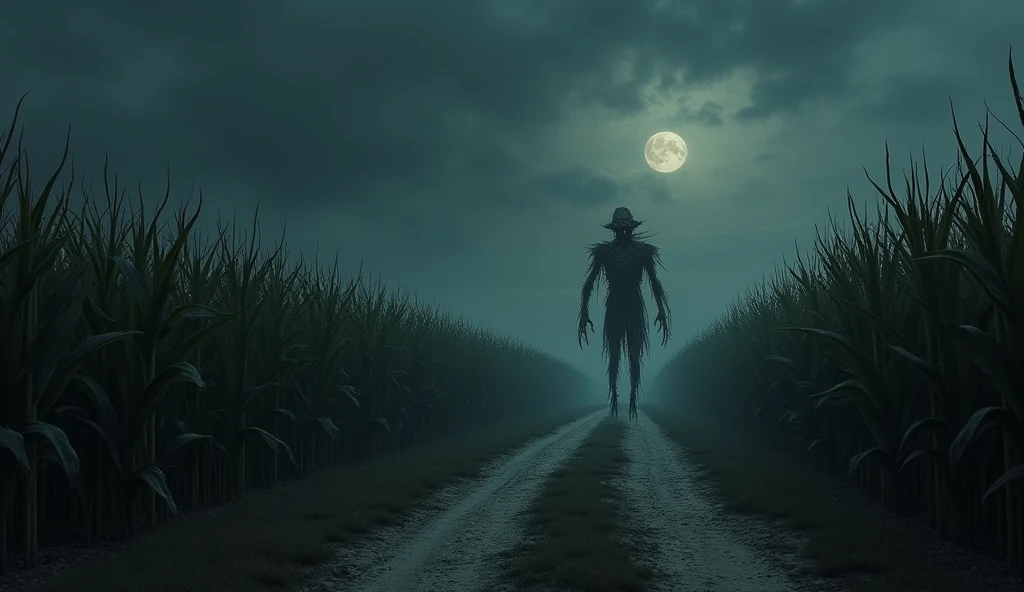 illustration of a dirt road in a cornfield, where mysterious and dark things happen,make a scary scarecrow in the background, it&#39;s completely dark because it&#39;s night, use dark and somber tones, make an image to convey fear, extremely detaild, photoshot_\( ultra\), photoshotrealisitic, realisitic, Post-processing, Maximum details, roughness, real-life, ultrarealisitic, photoshotrealism, photoshotgraphy, 8k hd, photoshotgraphy