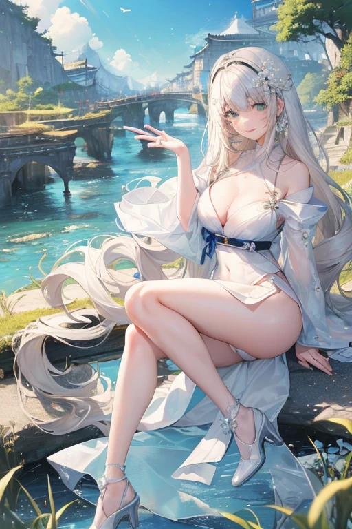 Official Art, masterpiece, Clear focus, (beautiful, Beautiful and lovely Korean woman:1.3), (Beautiful and cute Korean:1.3), Korean beauty, 精致beautiful头发、Eyes and face, Practical, Extremely detailed, beautiful女孩, Blue sky, Glowing white particles, (Side Light:1.2), Sunlight, White Cloud, Detailed clouds, Slim, Such a cute big ass, Smile with teeth bared, ((Smile with your eyes, Open your eyes)), landscape, Long straight hair, Sexy facial expressions, architecture, (城市landscape:1.7), Dynamic Hair, very Long straight hair, Delicate platinum-blonde hair, Green Eyes, Pink skirt, Black socks, Pale skin, Hair accessories, epic landscape,,White high heels,Beautiful butt,beautiful buttocks,There's nothing under the skirt.,weight loss