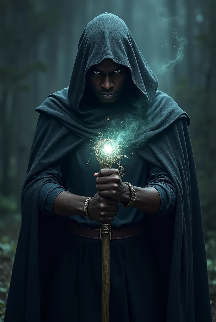 (photorealism:1.2), A angry magician with black skin head down with a hood and a stick in his hands that shines who does magic with eyes that shine