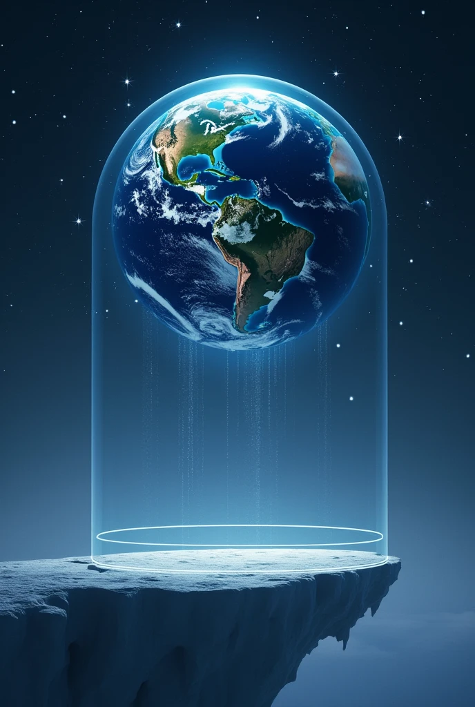 Visualize a flat Earth floating in space, surrounded by a vast cosmic darkness dotted with distant stars. a transparent dome up to the ice edge,
Lighting and Colors The light inside the dome has a mystical quality, as if being filtered through an ethereal lens.