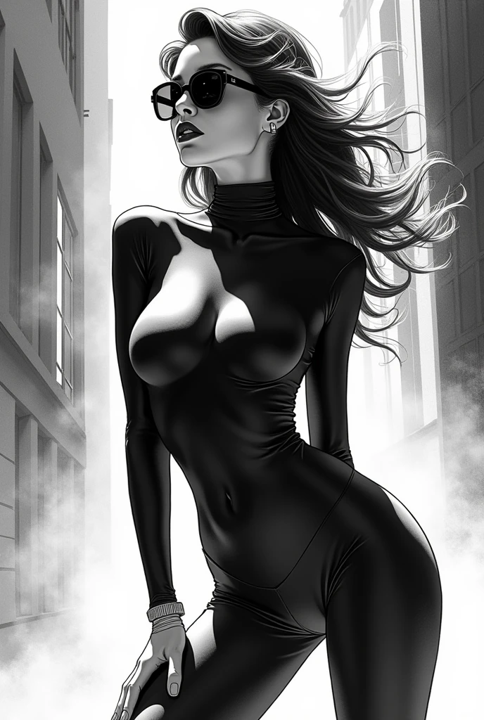 Monochrome manga illustration, striking fashionista from 1972, alluring silhouette in tight-fitting catsuit presenting an aura of sophistication, intricate linework emphasizing skin textures and fabric details, dynamic pose capturing bold elegance, retro aesthetic radiating nostalgic charm, vintage Kodachrome-inspired tones translated into rich grayscale, soft focus strategically applied to enhance ethereal qualities, cinematic feel created through deliberate contrasts and shadow play, artfully reminiscent of William Eggleston's color compositions and Henri Cartier-Bresson's candid storytelling, surrounded by minimalistic yet impactful backgrounds hinting at late 20th-century urban environments, subtle details in the foreground to draw attention to the central figure, balance of negative space enhancing composition, nostalgic ambience infused with contemporary manga influences, harmonized character design merging historical fashion with stylized visual storytelling, exploration of elegance and allure through exaggerated expressive features, all illustrated in crisp inked lines and delicate shading techniques that exemplify manga artistry.