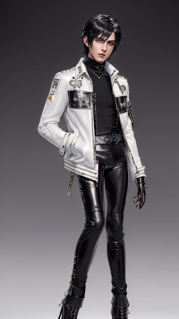 ((Final fantasy taste and reality graphics)), ((Japanese young cute and cool ikemen  boy)), his age is early 20s, thin eyebrows and beady eyes,  ((((he wearing white color and  shining brightly enamel leather thick single-brest  jacket)))), ((with epaulet)), ((enamel leather jacket close all zippers)),, ,(( jacket collar is high length stand-up collar with belts)), , (((also wearing black color turtleneck shining brightly enamel leather shirts))),  (((tight black and shining brightly enamel leather pants))), ((((shining brightly black enamel leather tight and thin glove)))), ((black color and shining brightly leather knee-high raceup boots)),head-to-toe, whole body, boy looks like fashion model,Do not show skin from the neck down,(((all his clothes are smooth design and very shining))),(((Avoid adding unnecessary decorations to the jacket)))
