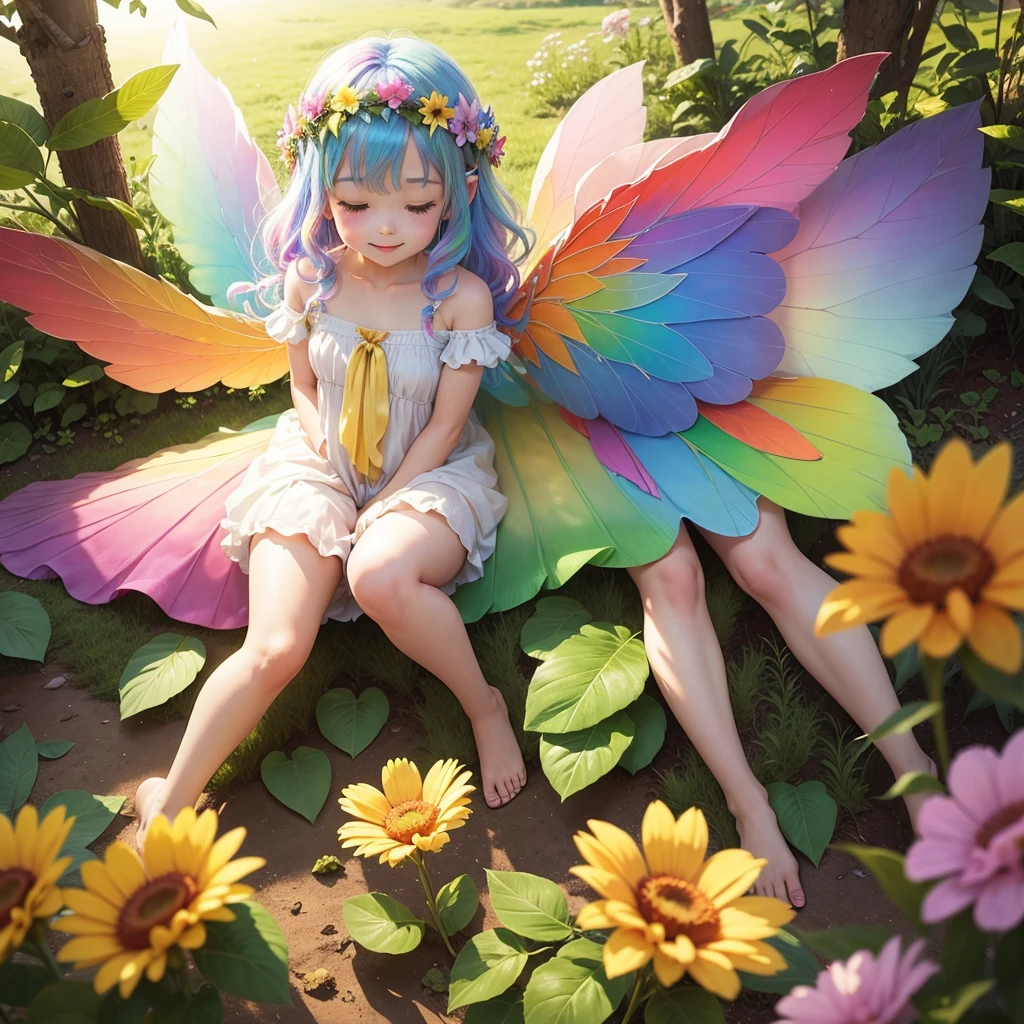 cute little fairy rainbow hair rainbow transparent wings flowers leaves clothes made of leaves flowers flower crown big flower light sunshine big flower leaves gently smiling