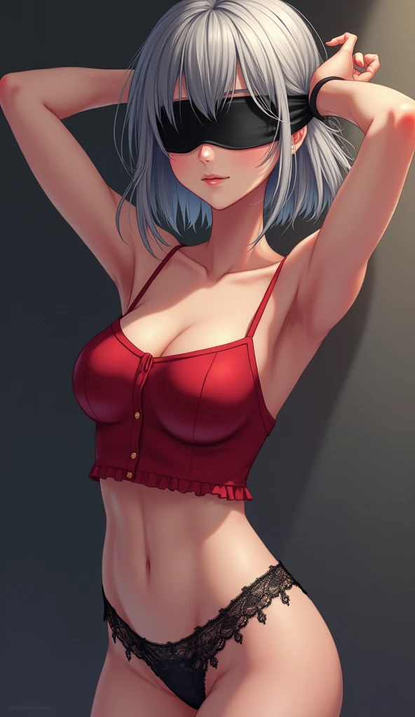 masterpiece, high quality, High resolution, Anime Girls, Gray Hair, Black blindfold, short hair, eyes covered, bangs, Red Shirt, Crop top, Underbust, Big Breasts, Large Breasts, nipples become hard, Nipples through the shirt, Black panties, Lace Thong, black Lace Thong, skinny, Curvy waist, Place your hands behind your head