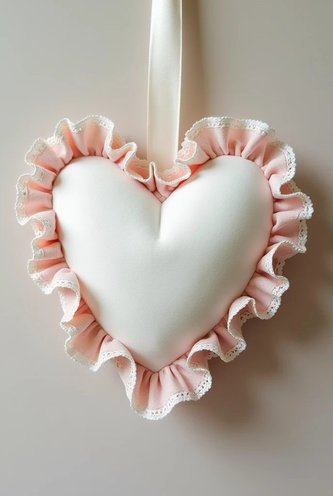 Fabric heart filled with white fleece with lace as ruffles around the edge. With baby satin ribbon to hang it.