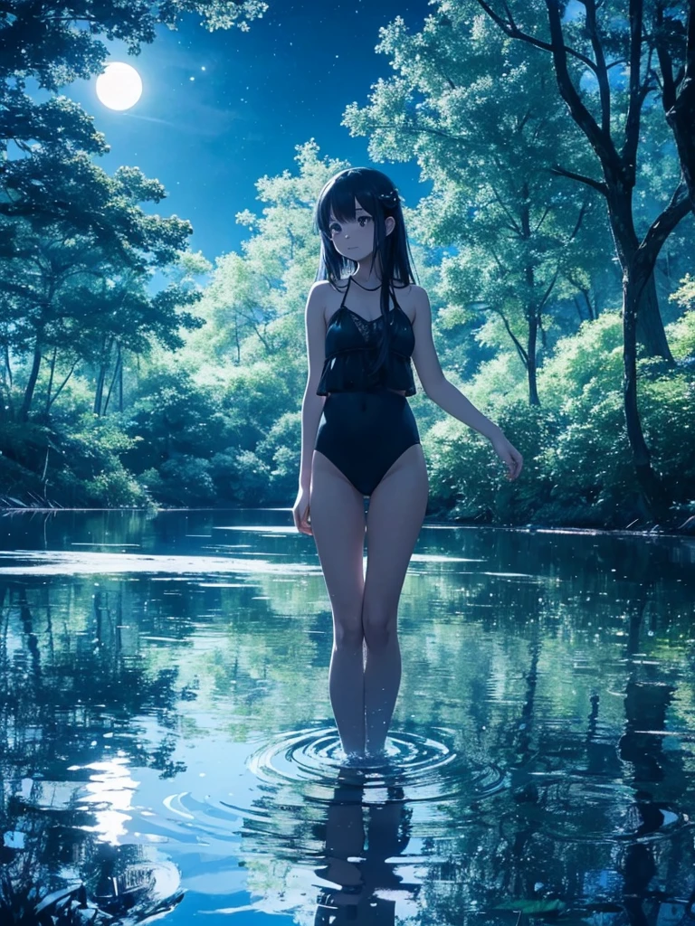 At the edge of a calm lake under the night sky, a girl indulges in the cool, shadowy ambiance. The moon casts a gentle light that barely penetrates the thick canopy of trees surrounding the lake. Shadows dance across the water, creating an almost otherworldly reflection. The girl's expression is serene as she dips her toes into the water, enjoying the cold touch against her skin in the moonlit Brightness.blue World,anime style