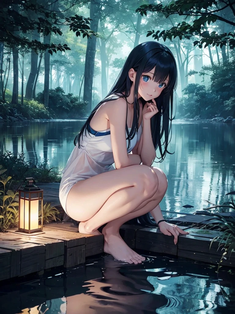 At the edge of a calm lake under the night sky, a girl indulges in the cool, shadowy ambiance. The moon casts a gentle light that barely penetrates the thick canopy of trees surrounding the lake. Shadows dance across the water, creating an almost otherworldly reflection. The girl's expression is serene as she dips her toes into the water, enjoying the cold touch against her skin in the moonlit Brightness.blue World,anime style