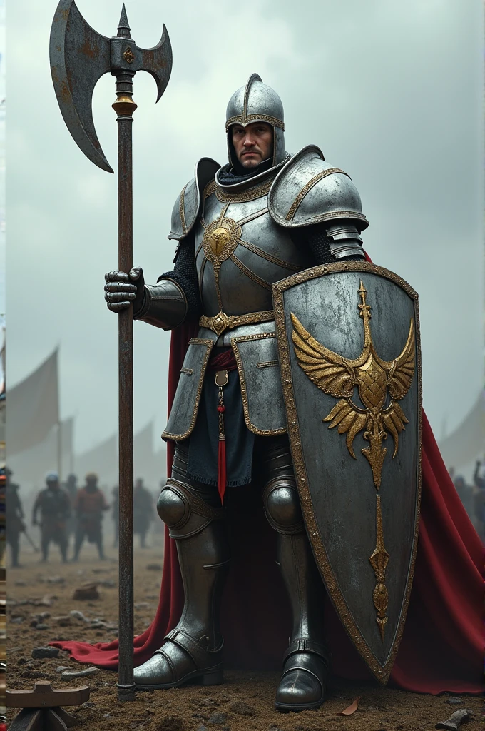 Paladin in Shiny Silver Full Armor , with a long war axe in one hand and a shield in the other