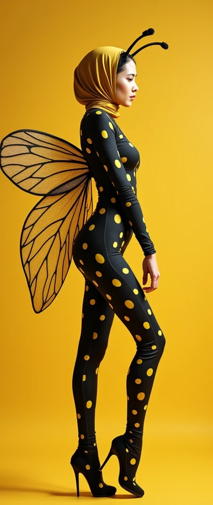 The most beautiful,thin,most pretty and clever Malaysian muslimah adult girl wears bee lycra turtleneck unitard catsuit covered with bee stripes with a pair of wings.She always wear lycra dancewear stretchy hijab covered with many stripes with a pair of long antennae.