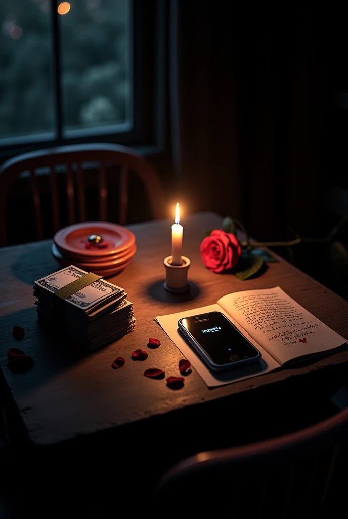 Create an image with a dramatic atmosphere, that has a table and a candle lighting it, COM MUITAS NOTAS DE DINHEIRO, a cell phone with a notification, a handwritten letter with a broken heart and a rose with petals on the side