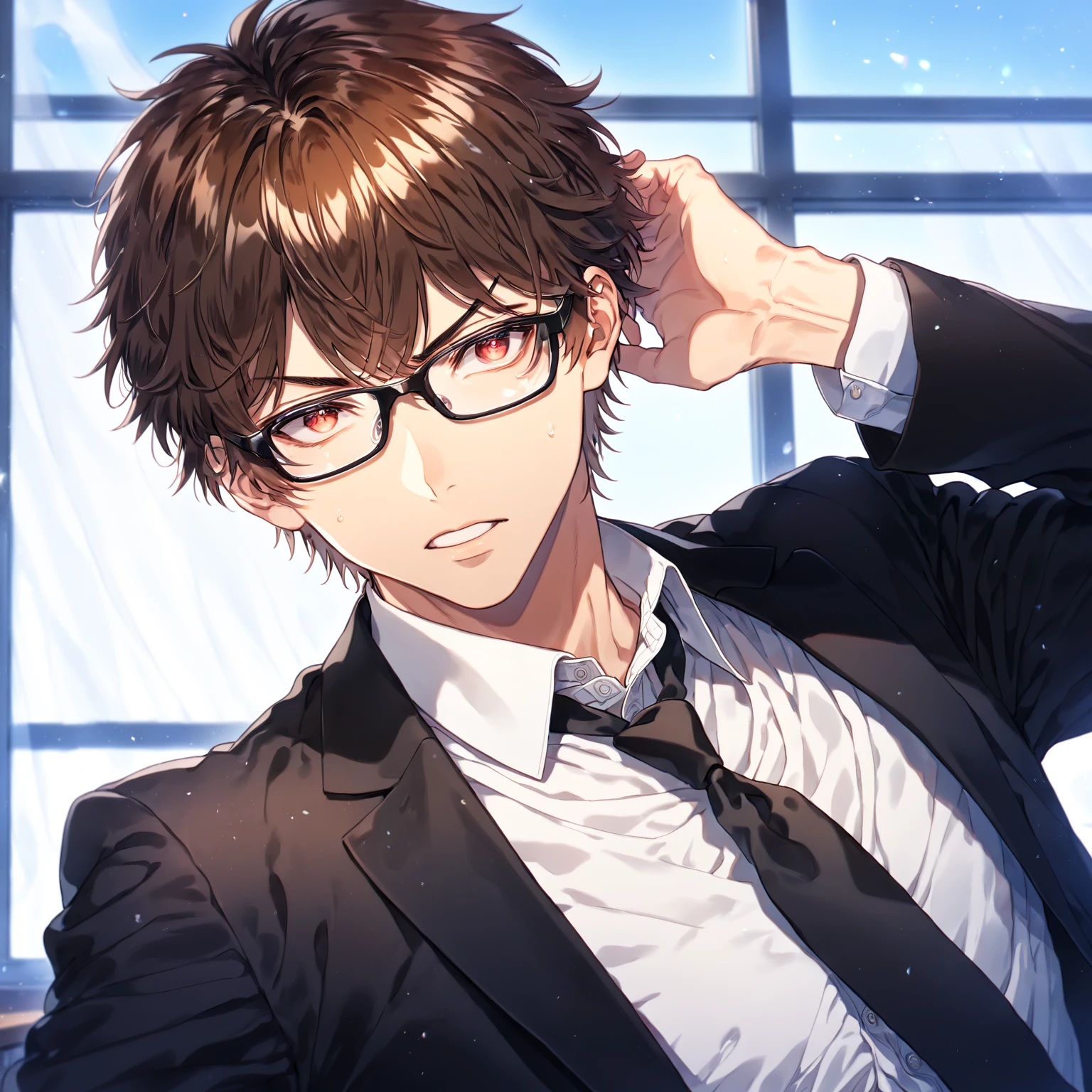 absurdres, highres, ultra detailed, HDR, master piece, Miyuki Kazuya, brown hair, expressive amber eyes, black glasses, black jacket, white shirt, black necktie, Diamond No Ace, sexy man, handsome, best quality, fantasy, magical, solo, sensual, classroom, window, curtains, blue sky, manly man,