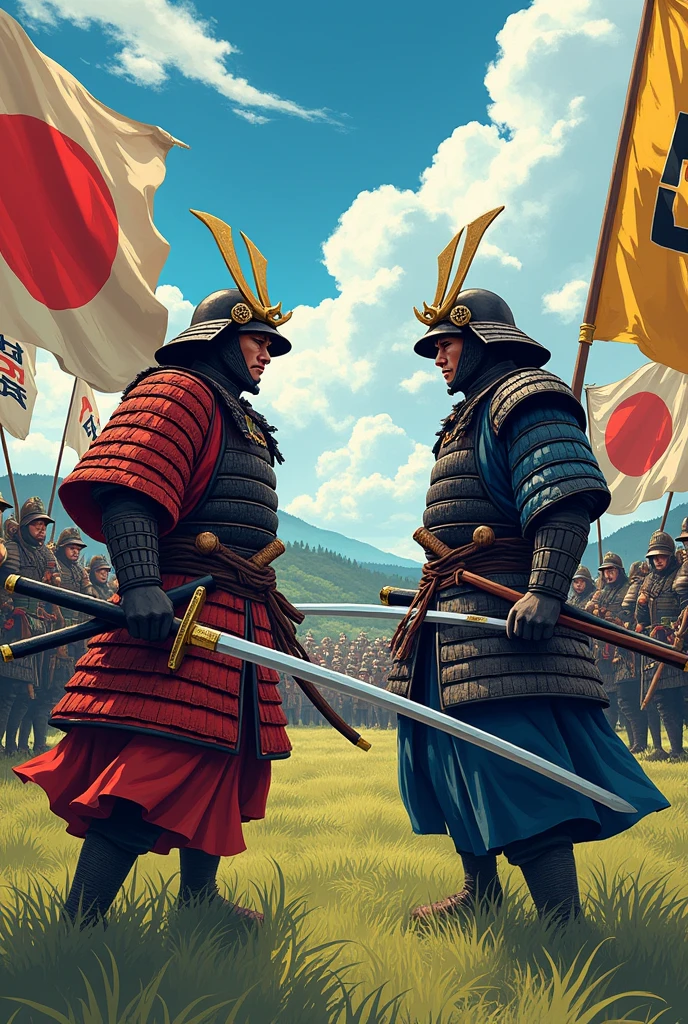 Two samurai leading armies about to fight in a field carrying different banners in manga style