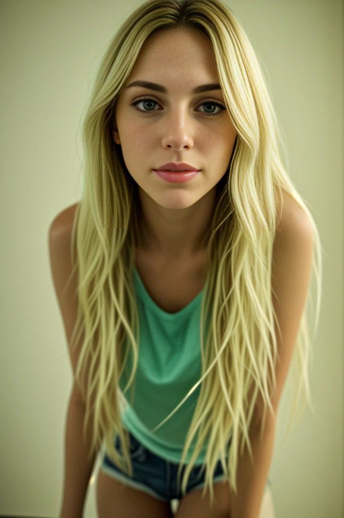 A stunning woman with wavy long blonde hair. She has captivating detailed green eyes, long sexy legs, wearing a T-shirt and a short pants, with detailed facial features and skin. She must be 2. She has slightly tanned skin with a realistic texture, extreme skin details (pores: 0.14, and is a masterpiece of the highest quality. The image is photorealistic, hyper-realistic, and highly detailed, in 8k resolution with HDR. The color palette is soft (Soft color: 1.2) with a light depth of field, broad lighting, high contrast, backlighting, bloom effect, light sparkles, chromatic aberration, sharp focus, and a RAW color photo.