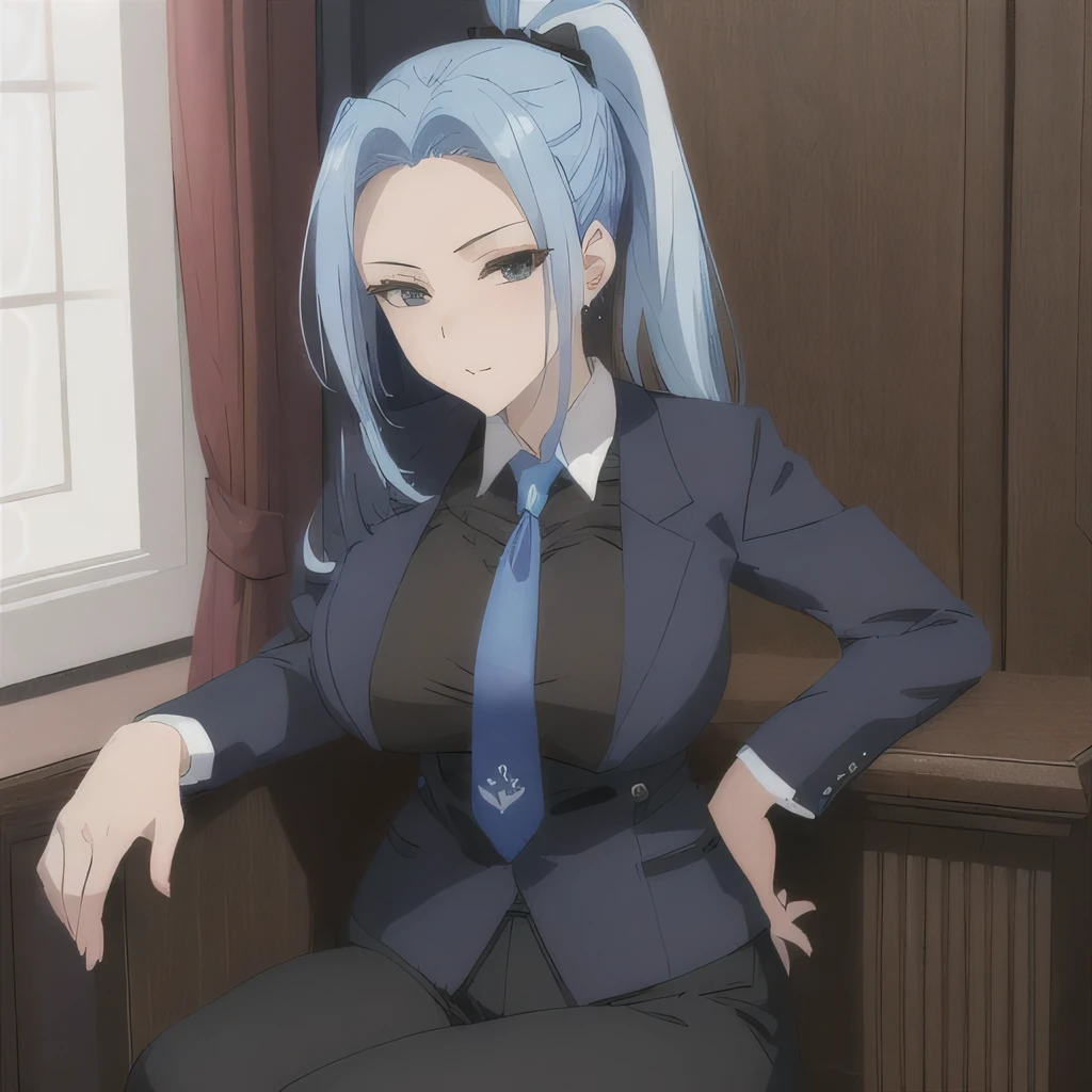 (masterpiece) (Highest quality) Meimei Blue tie Blue hair Blue ponytail Black clothes Black pants Blue tie on top of black clothes Not much exposure Mature woman feel 2 Sitting upright Perfect thighs Sexy body visible even through clothes Plumpness that makes you want to touch her Sexy