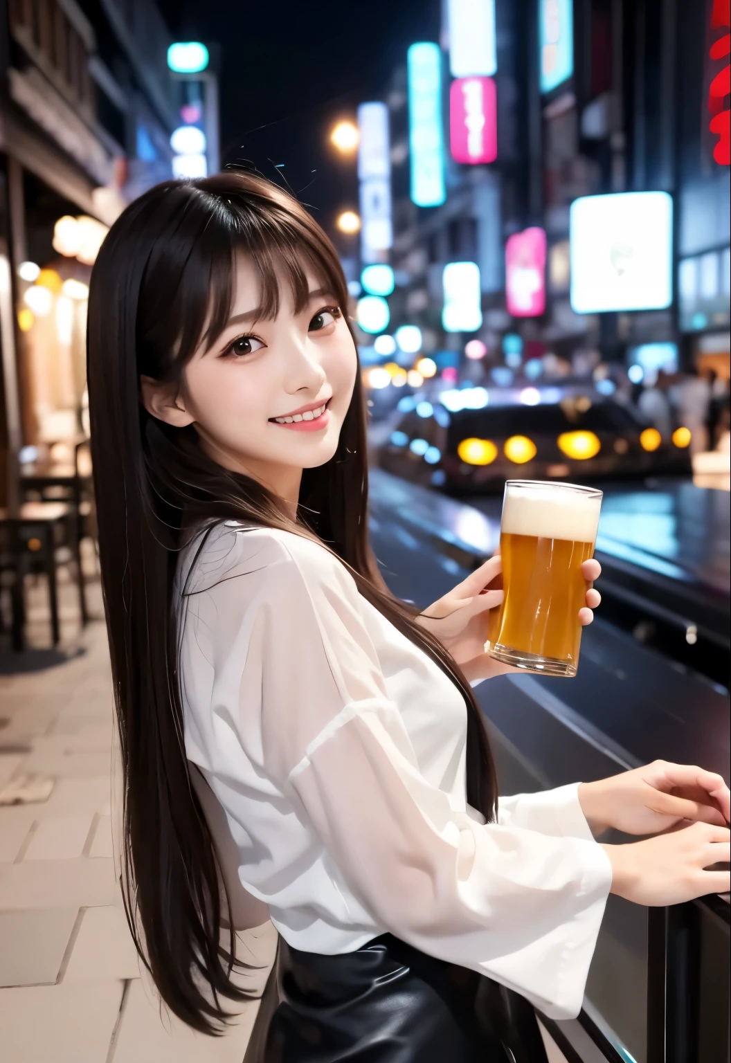 masterpiece、Highest quality、whole body、One Girl、bangs、Japanese、Long Black Hair、Long Hair、smile、alone、Beer 、restaurant、Stylish woman、pastel colored outfits、front、Luxury background elements、Confident expression、Modern and trendy、Fashion focus
