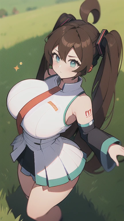 Super Saiyan God, from above, Brown hair, black and white clothes, clothes with blue lines, Dragon Ball DBZM, dazzling aura, A lot of action, black clothes with gray, lots of Ki energy, grass background, robotic, Hatsune Miku, huge breasts