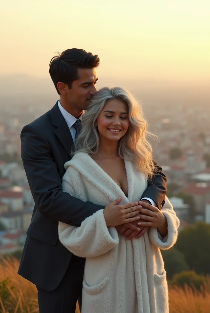 A beautiful youthful looking Hispanic version of a gray haired Selena Gomez as a 50 years old woman with long her completely gray hair in a big curls styles wearing a bathrobe standing on top of a hill overlooking a big city she is overlooking a city with a black haired younger 2 man who looks like Jimmy Donaldson/MrBeast wearing a business suit with short completely black hair he is hugging her
